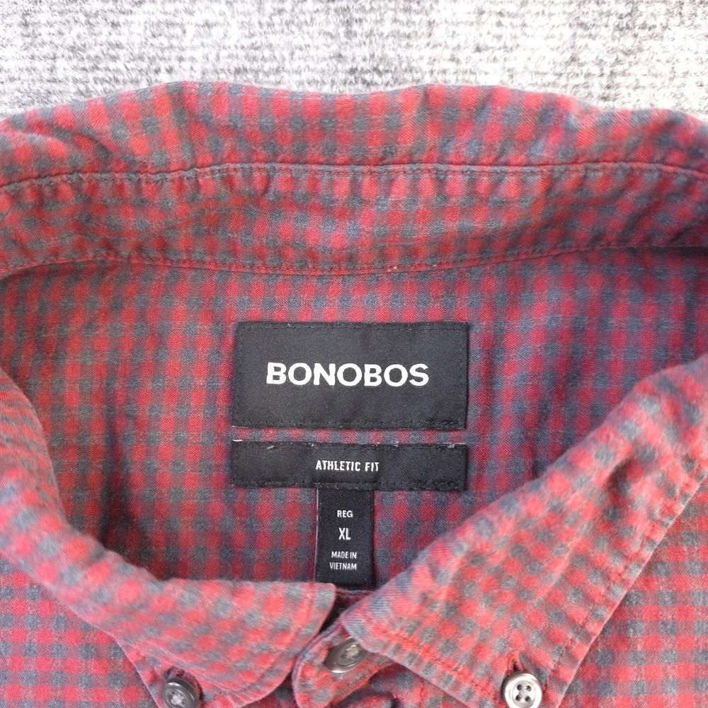 Bonobos Shirt XL Athletic Fit Red Gray Check‎ Long Sleeve Button Down Stretch